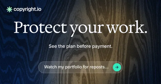 Social ad for copyright.io: "Protect your work." Agentic glass style, centred layout, dark palette in black, grey, blue.