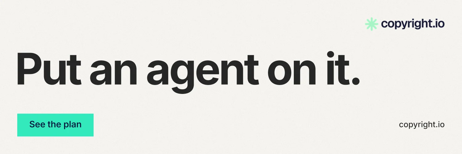 X header for copyright.io: "Put an agent on it." Swiss style, poster layout, light palette in white, grey.