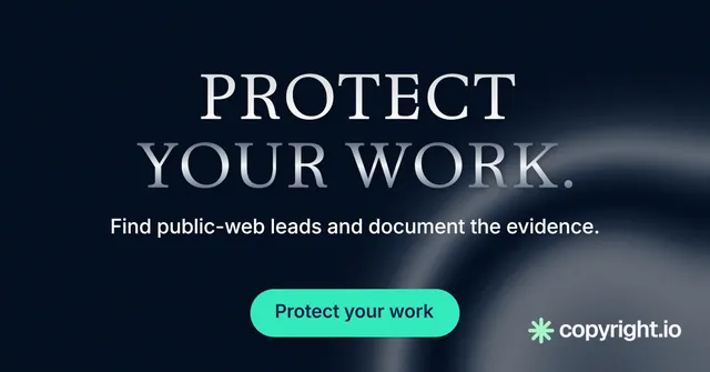Social ad for copyright.io: "Protect your work." Y2K style, centred layout, dark palette in black, grey.