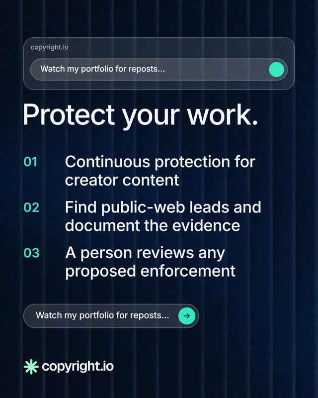 Instagram portrait post for copyright.io: "Protect your work." Agentic glass style, numbered layout, dark palette in blue, black, grey.