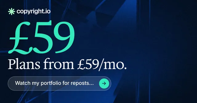 Social ad for copyright.io: "Your content is being stolen." Agentic glass style, stat layout, dark palette in blue, black, teal.
