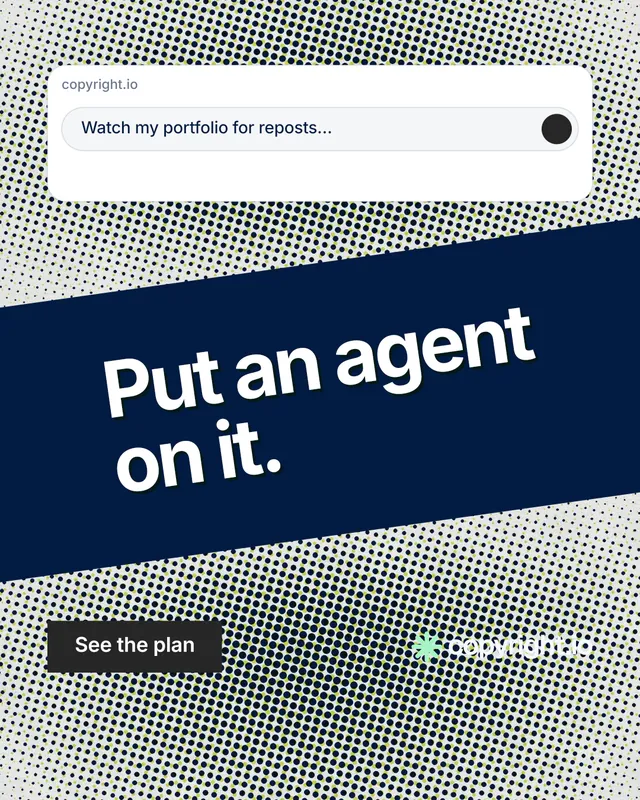 Instagram portrait post for copyright.io: "Put an agent on it." Swiss style, diagonal layout, light palette in grey, blue, white.