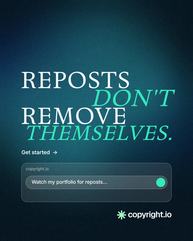 Instagram portrait post for copyright.io: "Reposts don't remove themselves." Minimal luxury style, stacked layout, dark palette in black, blue, teal.