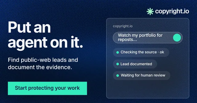 Social ad for copyright.io: "Put an agent on it." Swiss style, bottom layout, dark palette in blue, black, teal.