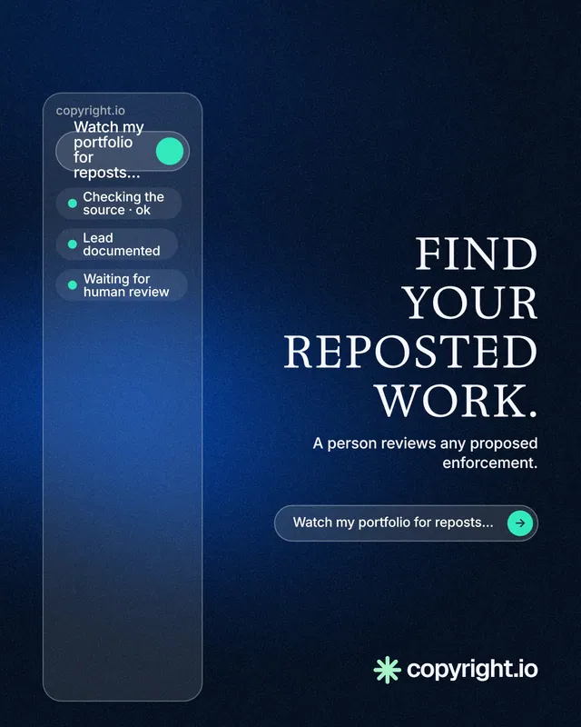 Instagram portrait post for copyright.io: "Find your reposted work." Agentic glass style, right layout, dark palette in blue, black.