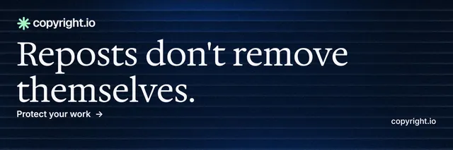 X header for copyright.io: "Reposts don't remove themselves." Minimal luxury style, poster layout, dark palette in black, grey, blue.