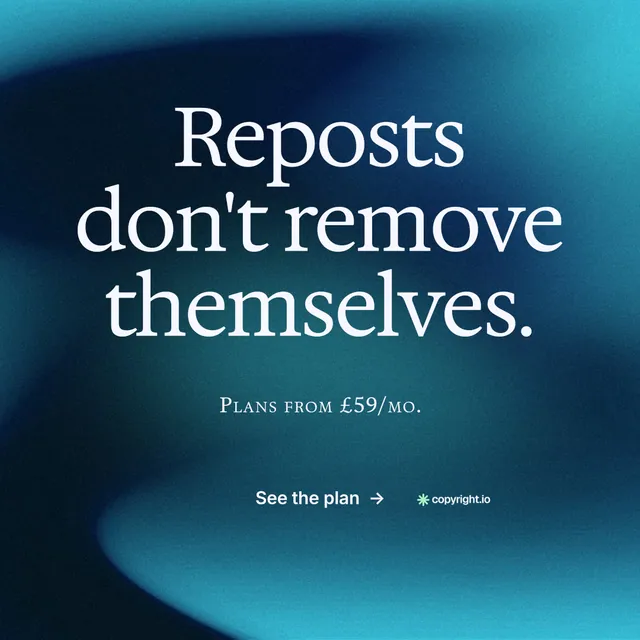 Instagram post for copyright.io: "Reposts don't remove themselves." Minimal luxury style, smallcaps layout, dark palette in blue, black, teal.