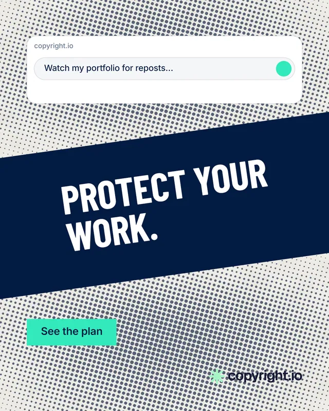 Instagram portrait post for copyright.io: "Protect your work." Retro print style, diagonal layout, light palette in grey, blue, white.