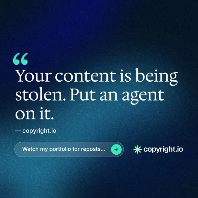 Instagram post for copyright.io: "Protect your work." Agentic glass style, quote layout, dark palette in blue, black.
