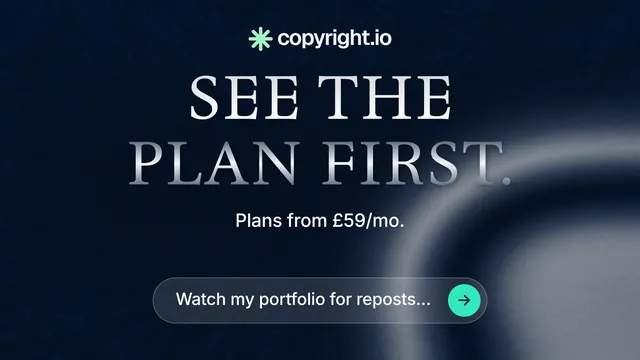 Landscape graphic for copyright.io: "See the plan first." Agentic glass style, centred layout, dark palette in black, grey.