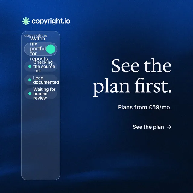 Instagram post for copyright.io: "See the plan first." Minimal luxury style, right layout, dark palette in black, blue.