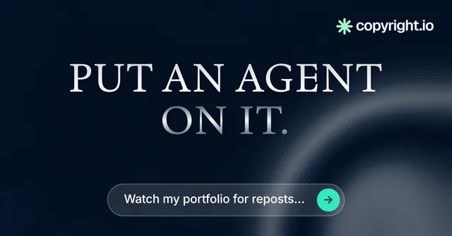Social ad for copyright.io: "Put an agent on it." Agentic glass style, centred layout, dark palette in black, blue, grey.