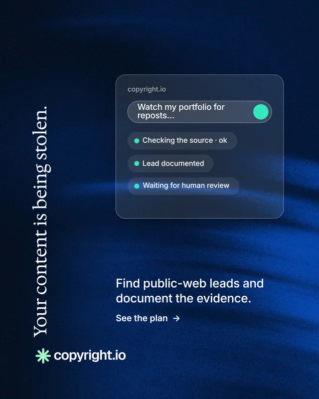 Instagram portrait post for copyright.io: "Your content is being stolen." Minimal luxury style, vertical layout, dark palette in blue, black.