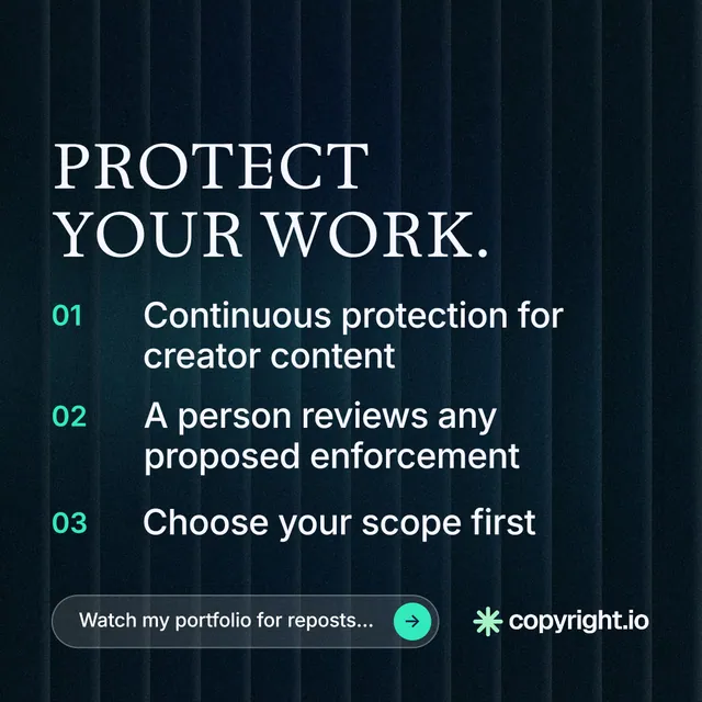 Instagram post for copyright.io: "Protect your work." Agentic glass style, numbered layout, dark palette in black, blue.