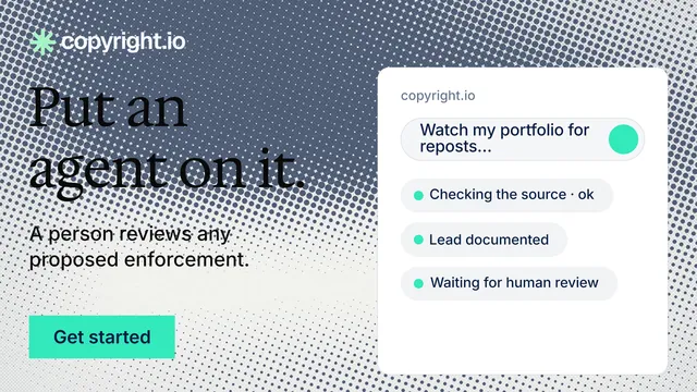 Landscape graphic for copyright.io: "Put an agent on it." Split block style, bottom layout, light palette in grey, teal, white.