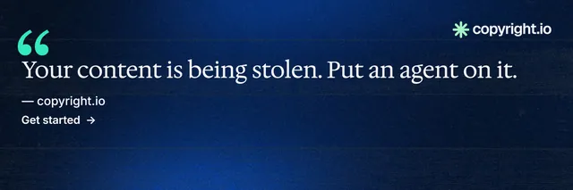 X header for copyright.io: "Put an agent on it." Minimal luxury style, quote layout, dark palette in blue, black.