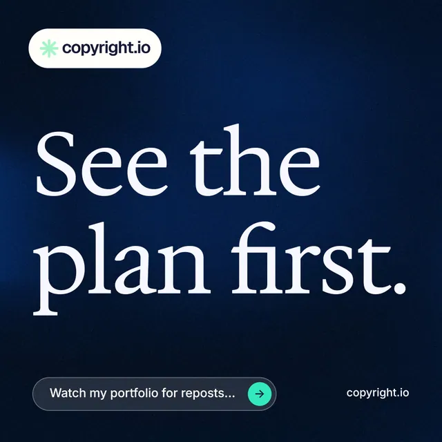 Instagram post for copyright.io: "See the plan first." Agentic glass style, poster layout, dark palette in blue, black, grey.