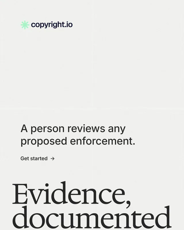 Instagram portrait post for copyright.io: "Find your reposted work." Minimal luxury style, oversized layout, light palette in white, grey.