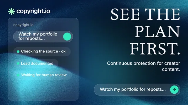 Landscape graphic for copyright.io: "See the plan first." Agentic glass style, right layout, dark palette in black, blue, teal.