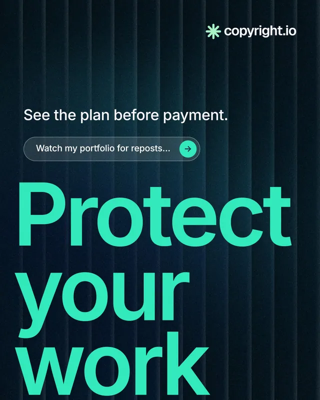 Instagram portrait post for copyright.io: "Reposts don't remove themselves." Agentic glass style, oversized layout, dark palette in black, blue, teal.