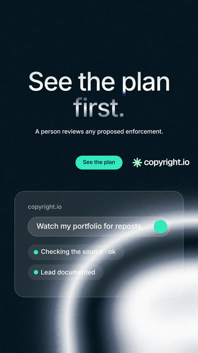 Instagram story for copyright.io: "See the plan first." Y2K style, centred layout, dark palette in black, blue, grey.