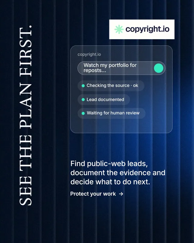 Instagram portrait post for copyright.io: "See the plan first." Minimal luxury style, vertical layout, dark palette in black, blue, grey.