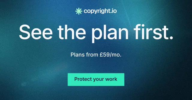 Social ad for copyright.io: "See the plan first." Swiss style, centred layout, dark palette in blue, teal.