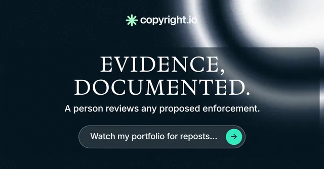 Social ad for copyright.io: "Evidence, documented." Agentic glass style, skeleton layout, dark palette in black, grey.