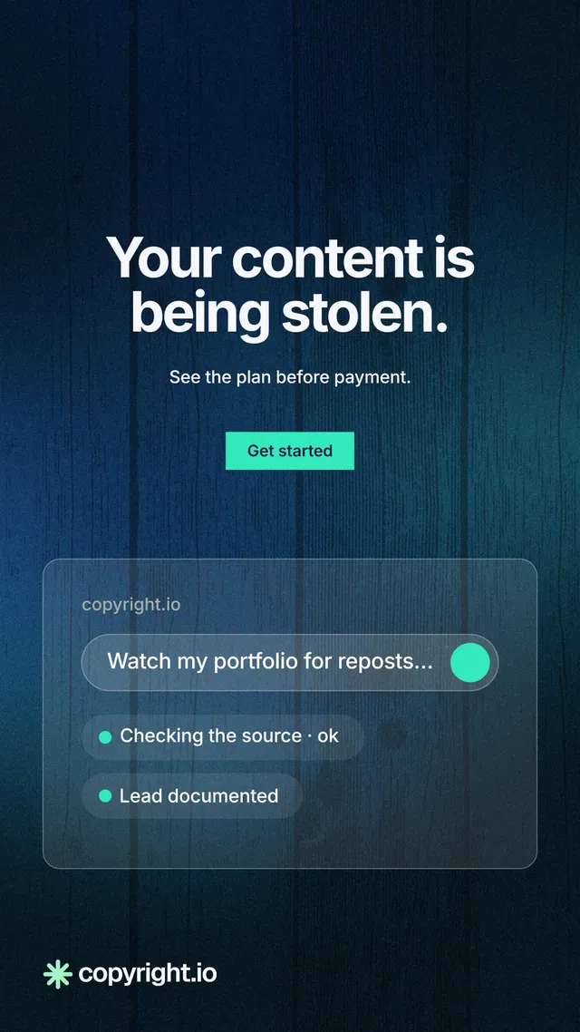 Instagram story for copyright.io: "Your content is being stolen." Swiss style, centred layout, dark palette in black, blue.