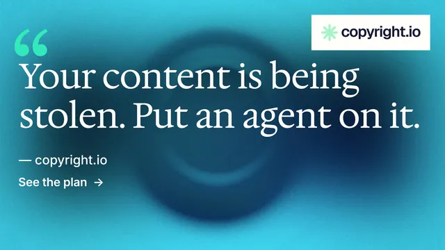 Landscape graphic for copyright.io: "Continuous protection for creators." Minimal luxury style, quote layout, light palette in teal, blue.