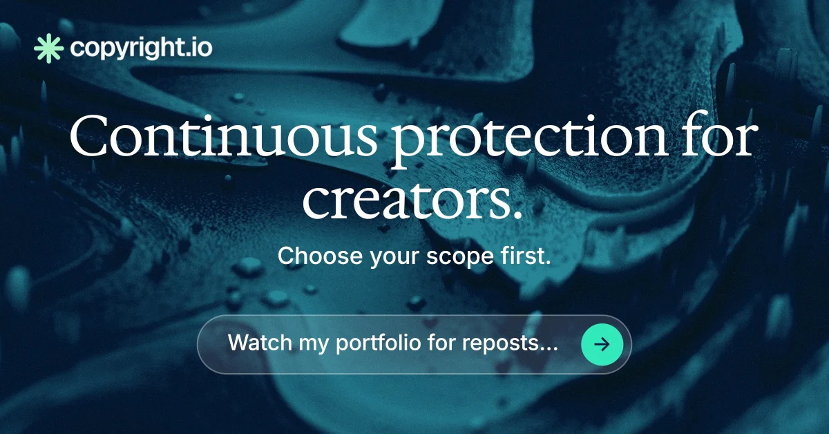 Social ad for copyright.io: "Continuous protection for creators." Agentic glass style, centred layout, dark palette in black, blue, teal.