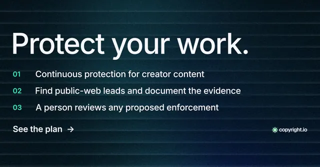 Social ad for copyright.io: "Protect your work." Minimal luxury style, numbered layout, dark palette in black, blue, grey.