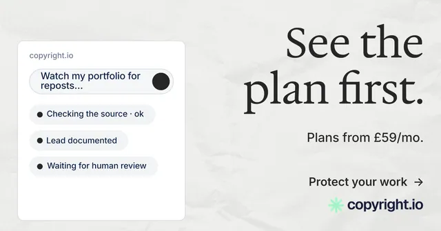 Social ad for copyright.io: "See the plan first." Minimal luxury style, right layout, light palette in white, grey.
