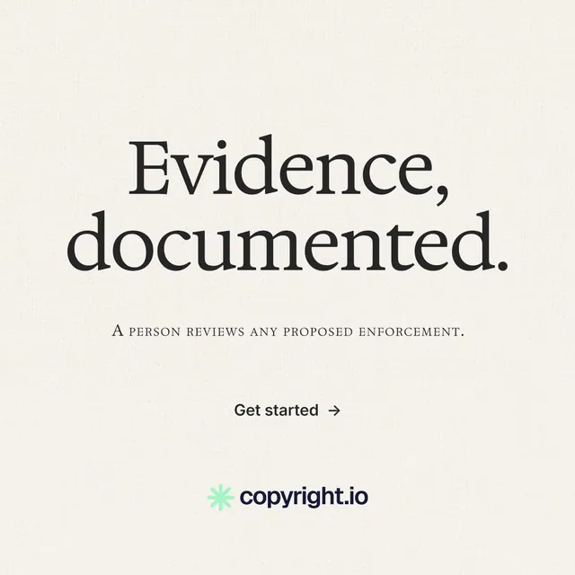 Instagram post for copyright.io: "Evidence, documented." Minimal luxury style, smallcaps layout, light palette in white, grey.