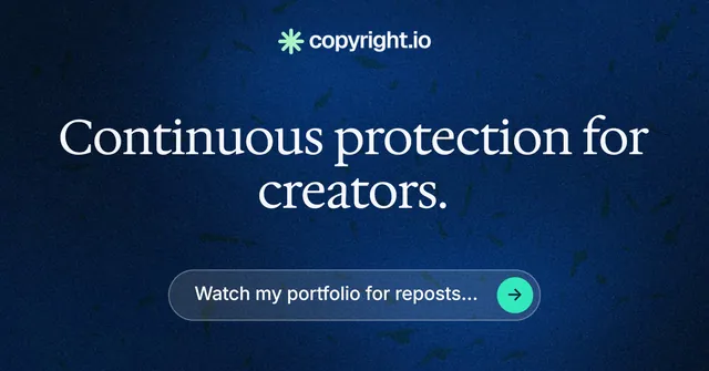 Social ad for copyright.io: "Continuous protection for creators." Agentic glass style, centred layout, dark palette in blue, black.