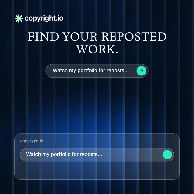 Instagram post for copyright.io: "Find your reposted work." Agentic glass style, skeleton layout, dark palette in black, blue.
