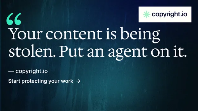 Landscape graphic for copyright.io: "Your content is being stolen." Minimal luxury style, quote layout, dark palette in black, blue, grey.