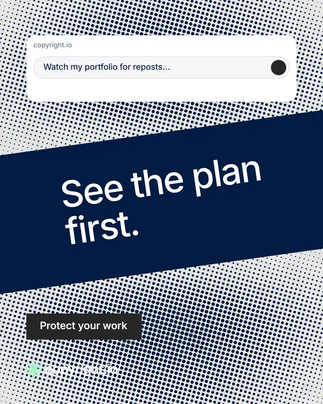 Instagram portrait post for copyright.io: "See the plan first." Retro print style, diagonal layout, light palette in grey, blue, white.