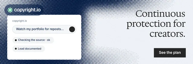 X header for copyright.io: "Continuous protection for creators." Split block style, right layout, light palette in white, blue, grey.