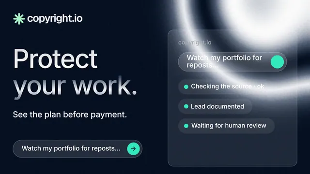 Landscape graphic for copyright.io: "Protect your work." Agentic glass style, bottom layout, dark palette in black, blue, grey.