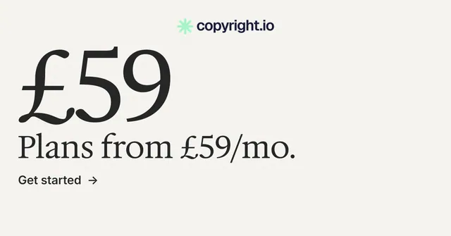 Social ad for copyright.io: "Your content is being stolen." Minimal luxury style, stat layout, light palette in white, grey.