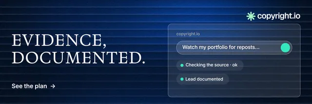 X header for copyright.io: "Evidence, documented." Minimal luxury style, bottom layout, dark palette in black, blue.