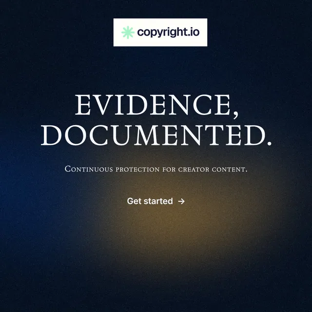 Instagram post for copyright.io: "Evidence, documented." Minimal luxury style, smallcaps layout, dark palette in blue, black, grey.