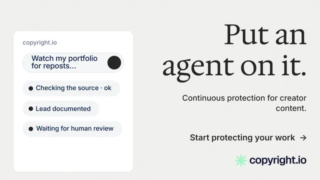 Landscape graphic for copyright.io: "Put an agent on it." Minimal luxury style, right layout, light palette in white.