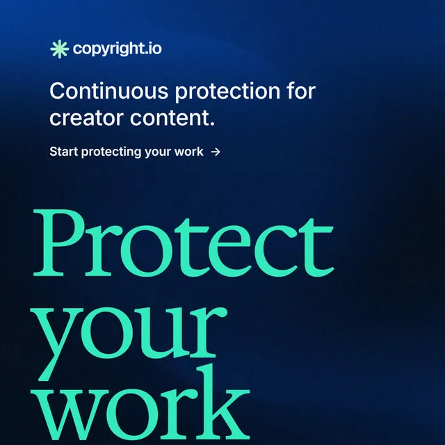 Instagram post for copyright.io: "See the plan first." Minimal luxury style, oversized layout, dark palette in black, blue, teal.