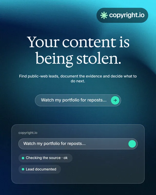 Instagram portrait post for copyright.io: "Your content is being stolen." Agentic glass style, centred layout, dark palette in blue, teal.