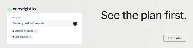 LinkedIn banner for copyright.io: "See the plan first." Editorial style, right layout, light palette in white, grey.