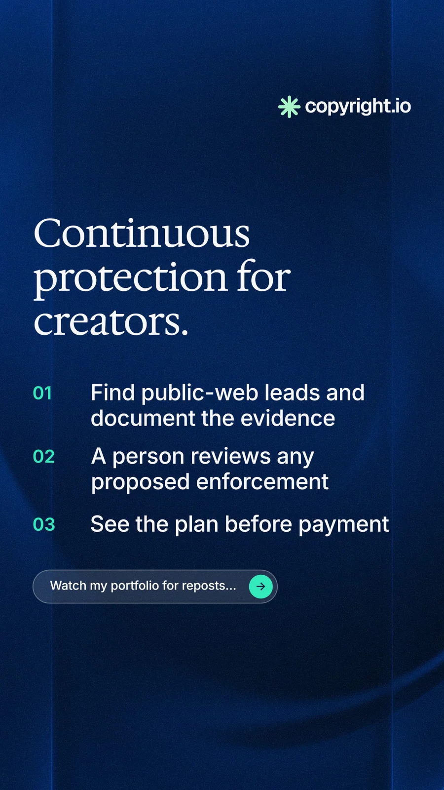 Instagram story for copyright.io: "Continuous protection for creators." Agentic glass style, numbered layout, dark palette in blue, black.