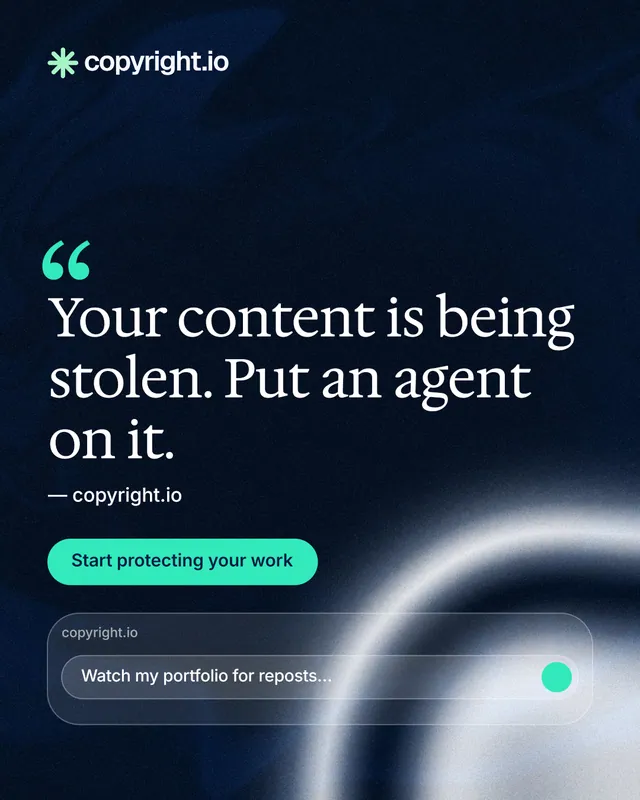 Instagram portrait post for copyright.io: "Your content is being stolen." Y2K style, quote layout, dark palette in black, grey, blue.
