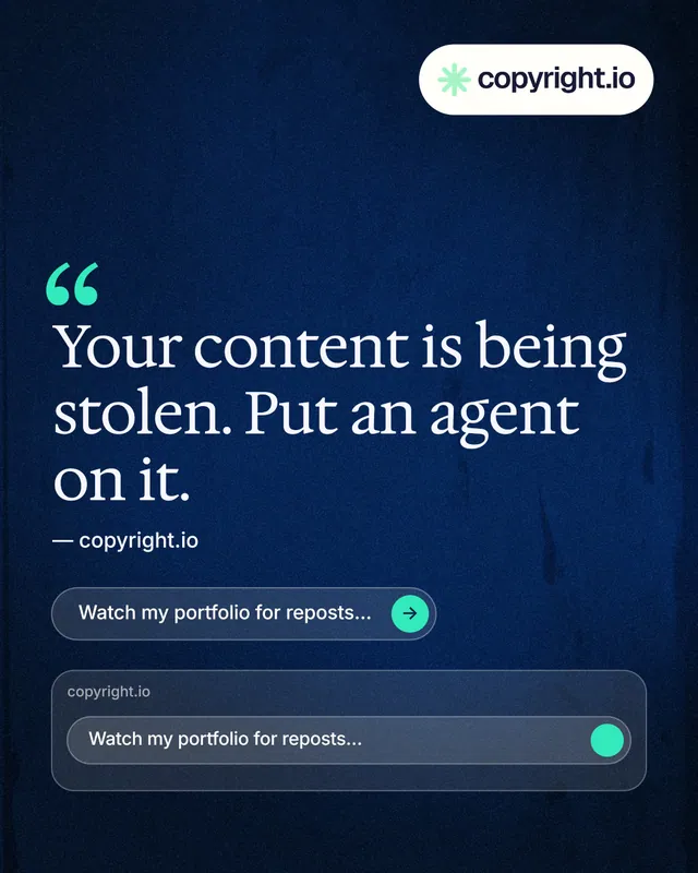 Instagram portrait post for copyright.io: "Evidence, documented." Agentic glass style, quote layout, dark palette in blue, black, grey.